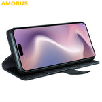 AMORUS For iPhone 16 Pro Max Stand Cases Calf Texture Genuine Split Leather Wallet Phone Cover
