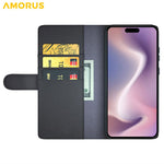 AMORUS For iPhone 16 Plus Stand Cases Calf Texture Genuine Split Leather Wallet Phone Cover