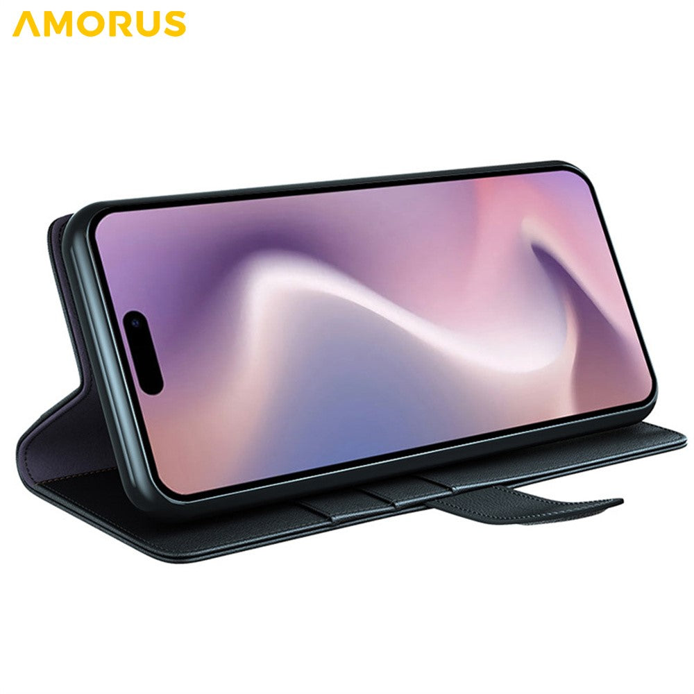 AMORUS For iPhone 16 Plus Stand Cases Calf Texture Genuine Split Leather Wallet Phone Cover