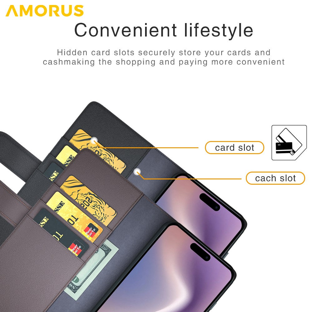 AMORUS For iPhone 16 Plus Stand Cases Calf Texture Genuine Split Leather Wallet Phone Cover