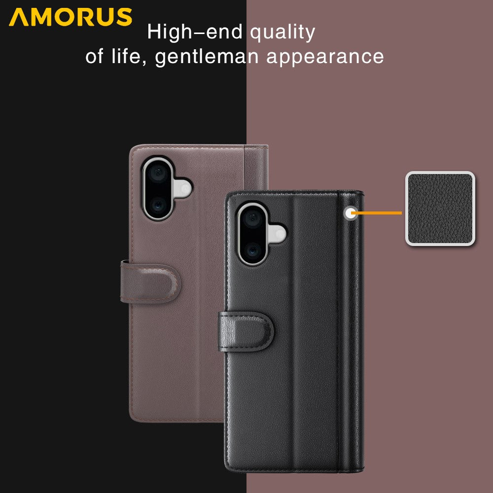 AMORUS For iPhone 16 Plus Stand Cases Calf Texture Genuine Split Leather Wallet Phone Cover