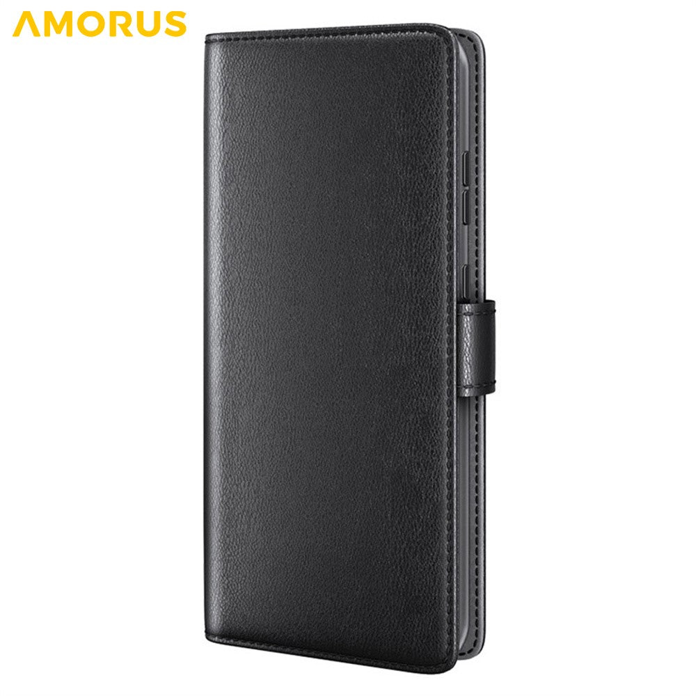 AMORUS For iPhone 16 Plus Stand Cases Calf Texture Genuine Split Leather Wallet Phone Cover