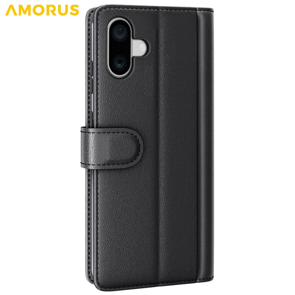 AMORUS For iPhone 16 Plus Stand Cases Calf Texture Genuine Split Leather Wallet Phone Cover