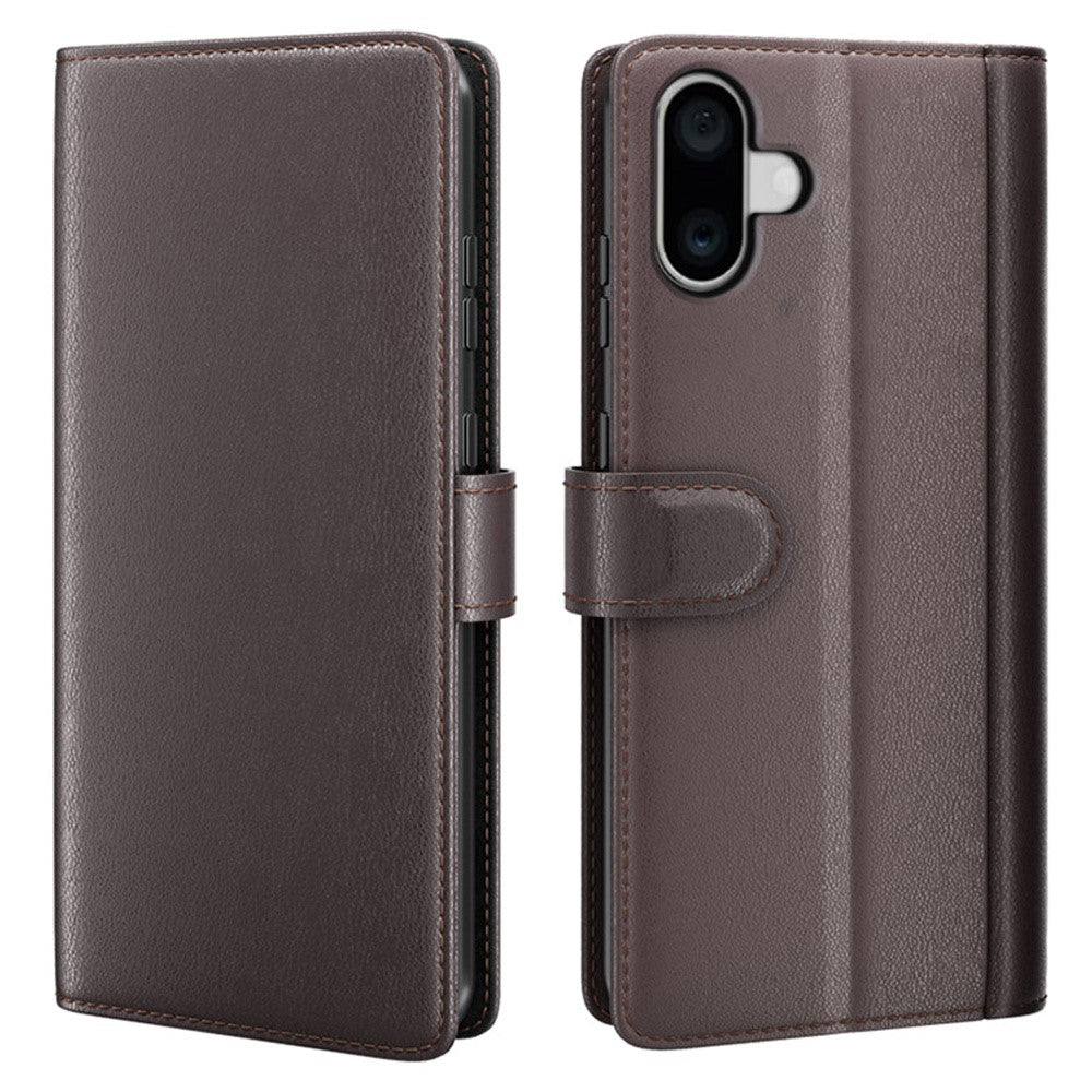 AMORUS For iPhone 16 Plus Stand Cases Calf Texture Genuine Split Leather Wallet Phone Cover