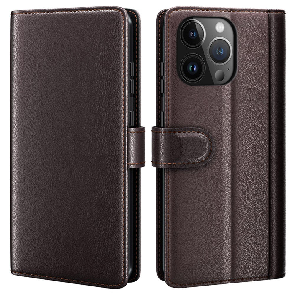 AMORUS For iPhone 15 Pro Stand Cases Calf Texture Genuine Split Leather Wallet Phone Cover