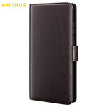 AMORUS For iPhone 15 Pro Stand Cases Calf Texture Genuine Split Leather Wallet Phone Cover
