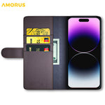 AMORUS For iPhone 15 Pro Stand Cases Calf Texture Genuine Split Leather Wallet Phone Cover