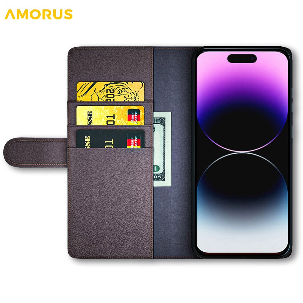 AMORUS For iPhone 15 Pro Stand Cases Calf Texture Genuine Split Leather Wallet Phone Cover