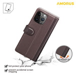 AMORUS For iPhone 15 Pro Stand Cases Calf Texture Genuine Split Leather Wallet Phone Cover