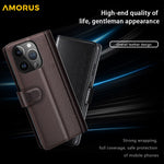 AMORUS For iPhone 15 Pro Stand Cases Calf Texture Genuine Split Leather Wallet Phone Cover