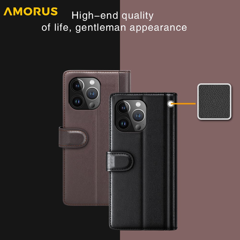 AMORUS For iPhone 15 Pro Stand Cases Calf Texture Genuine Split Leather Wallet Phone Cover
