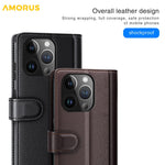 AMORUS For iPhone 15 Pro Stand Cases Calf Texture Genuine Split Leather Wallet Phone Cover