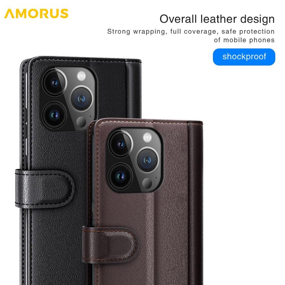 AMORUS For iPhone 15 Pro Stand Cases Calf Texture Genuine Split Leather Wallet Phone Cover