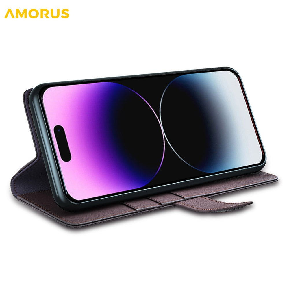 AMORUS For iPhone 15 Pro Max Stand Cases Calf Texture Genuine Split Leather Wallet Phone Cover