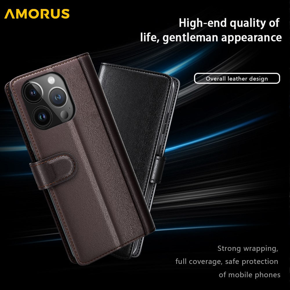AMORUS For iPhone 15 Pro Max Stand Cases Calf Texture Genuine Split Leather Wallet Phone Cover