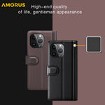 AMORUS For iPhone 15 Pro Max Stand Cases Calf Texture Genuine Split Leather Wallet Phone Cover