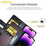 AMORUS For iPhone 15 Pro Max Stand Cases Calf Texture Genuine Split Leather Wallet Phone Cover