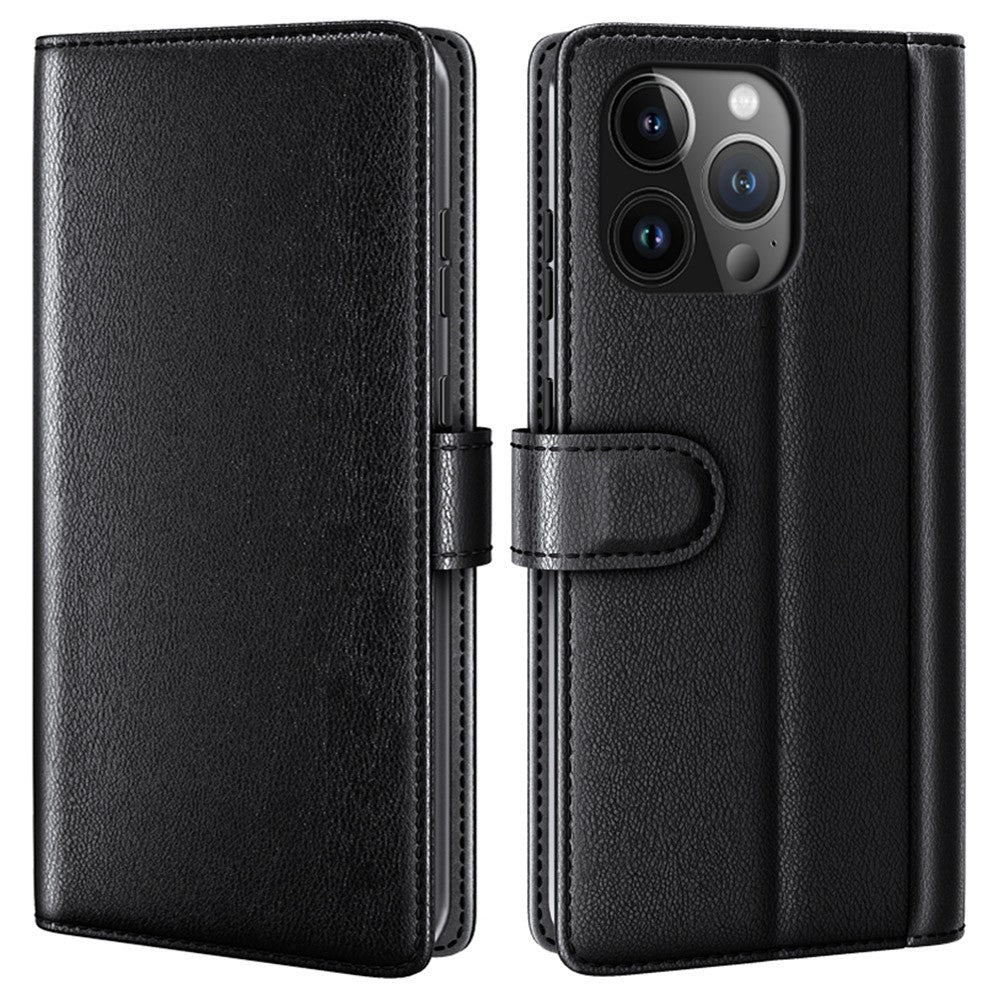 AMORUS For iPhone 15 Pro Max Stand Cases Calf Texture Genuine Split Leather Wallet Phone Cover