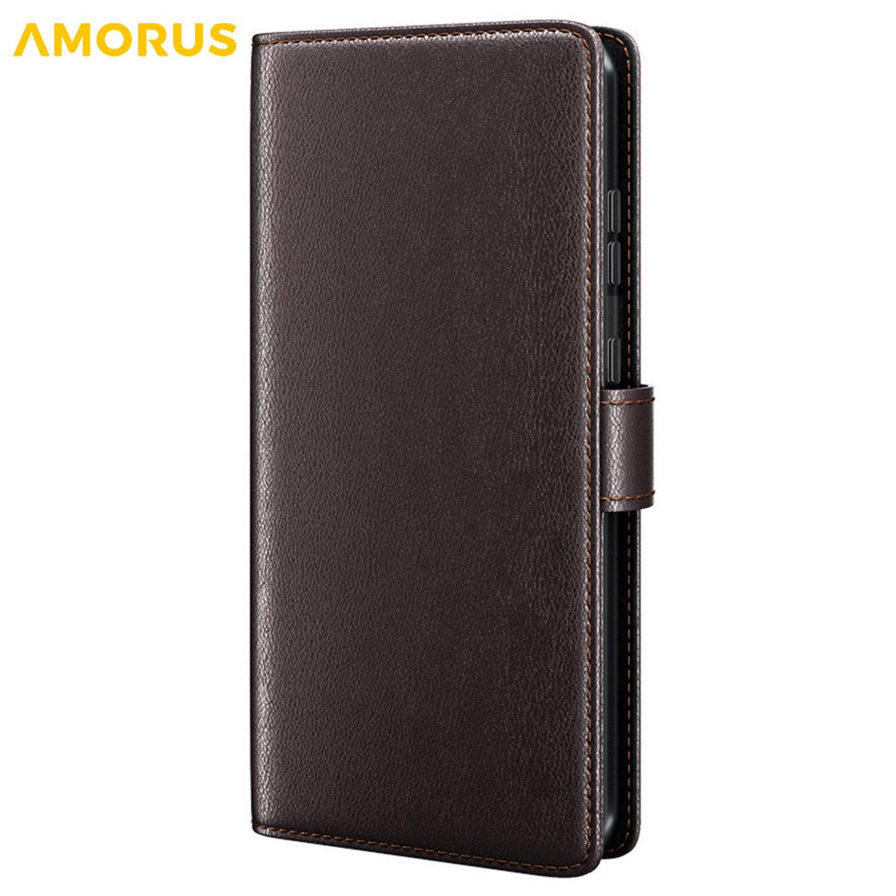 AMORUS For iPhone 15 Plus Stand Cases Calf Texture Genuine Split Leather Wallet Phone Cover