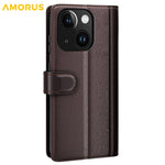 AMORUS For iPhone 15 Plus Stand Cases Calf Texture Genuine Split Leather Wallet Phone Cover