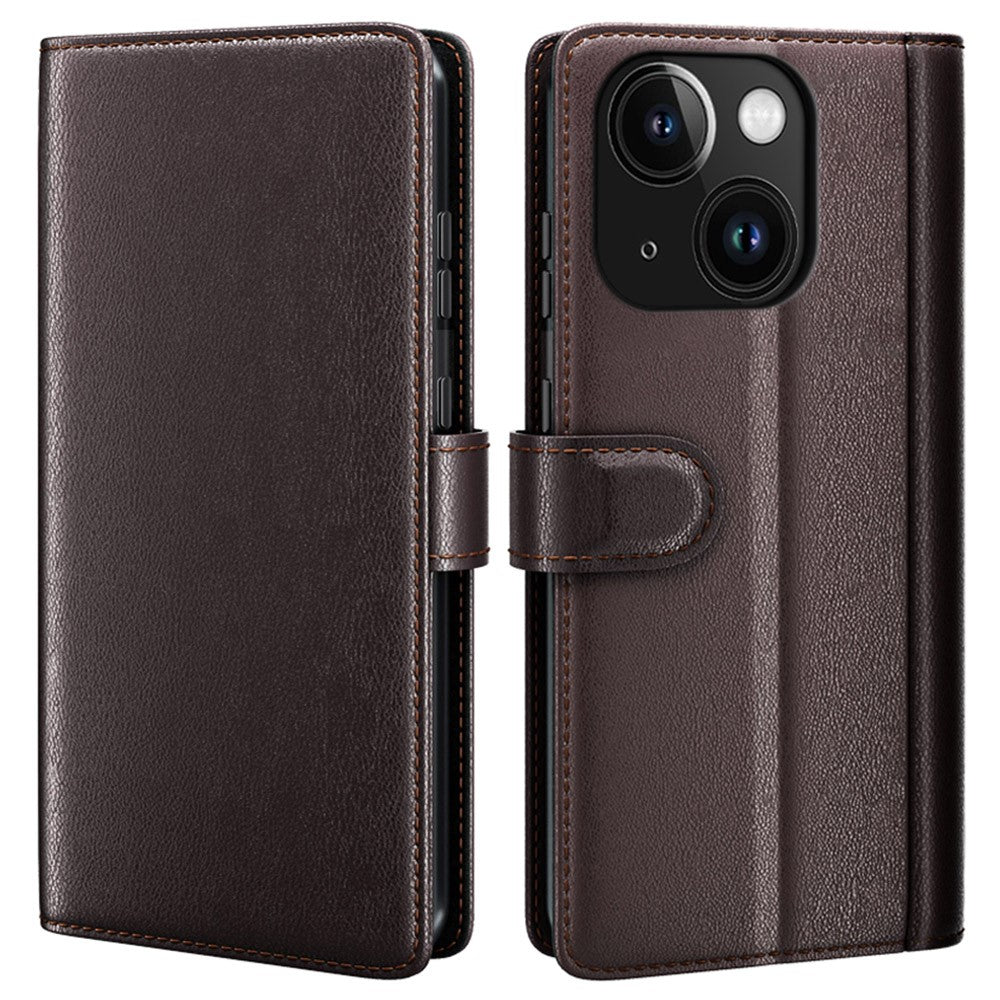 AMORUS For iPhone 15 Plus Stand Cases Calf Texture Genuine Split Leather Wallet Phone Cover