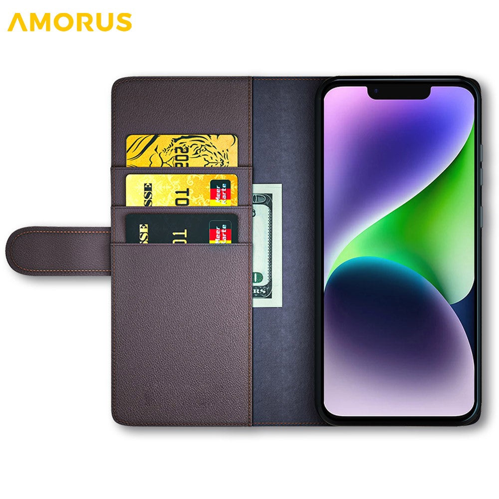 AMORUS For iPhone 15 Plus Stand Cases Calf Texture Genuine Split Leather Wallet Phone Cover