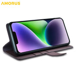 AMORUS For iPhone 15 Plus Stand Cases Calf Texture Genuine Split Leather Wallet Phone Cover