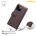AMORUS For iPhone 15 Plus Stand Cases Calf Texture Genuine Split Leather Wallet Phone Cover