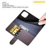 AMORUS For iPhone 15 Plus Stand Cases Calf Texture Genuine Split Leather Wallet Phone Cover