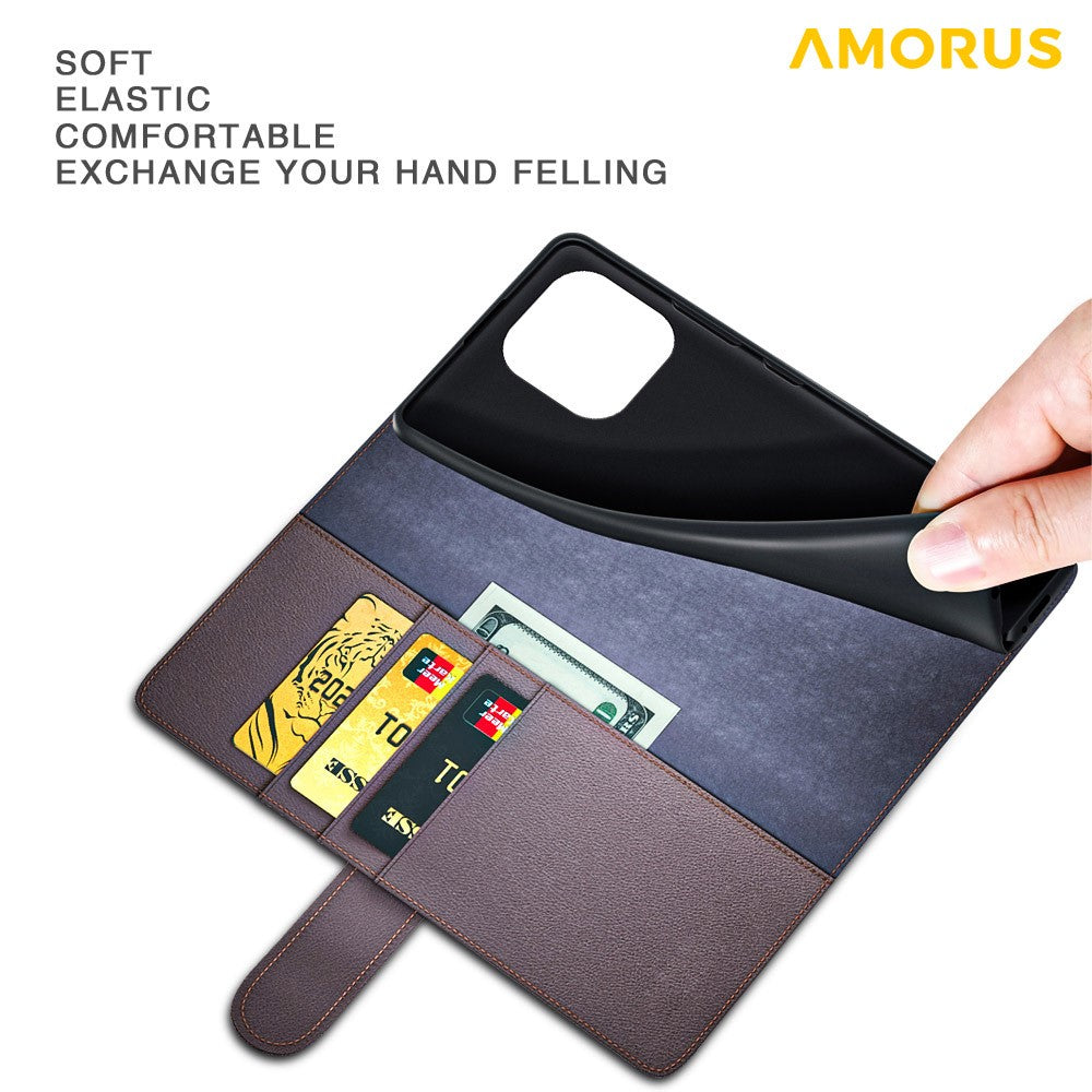 AMORUS For iPhone 15 Plus Stand Cases Calf Texture Genuine Split Leather Wallet Phone Cover