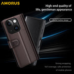AMORUS For iPhone 15 Plus Stand Cases Calf Texture Genuine Split Leather Wallet Phone Cover