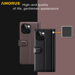 AMORUS For iPhone 15 Plus Stand Cases Calf Texture Genuine Split Leather Wallet Phone Cover