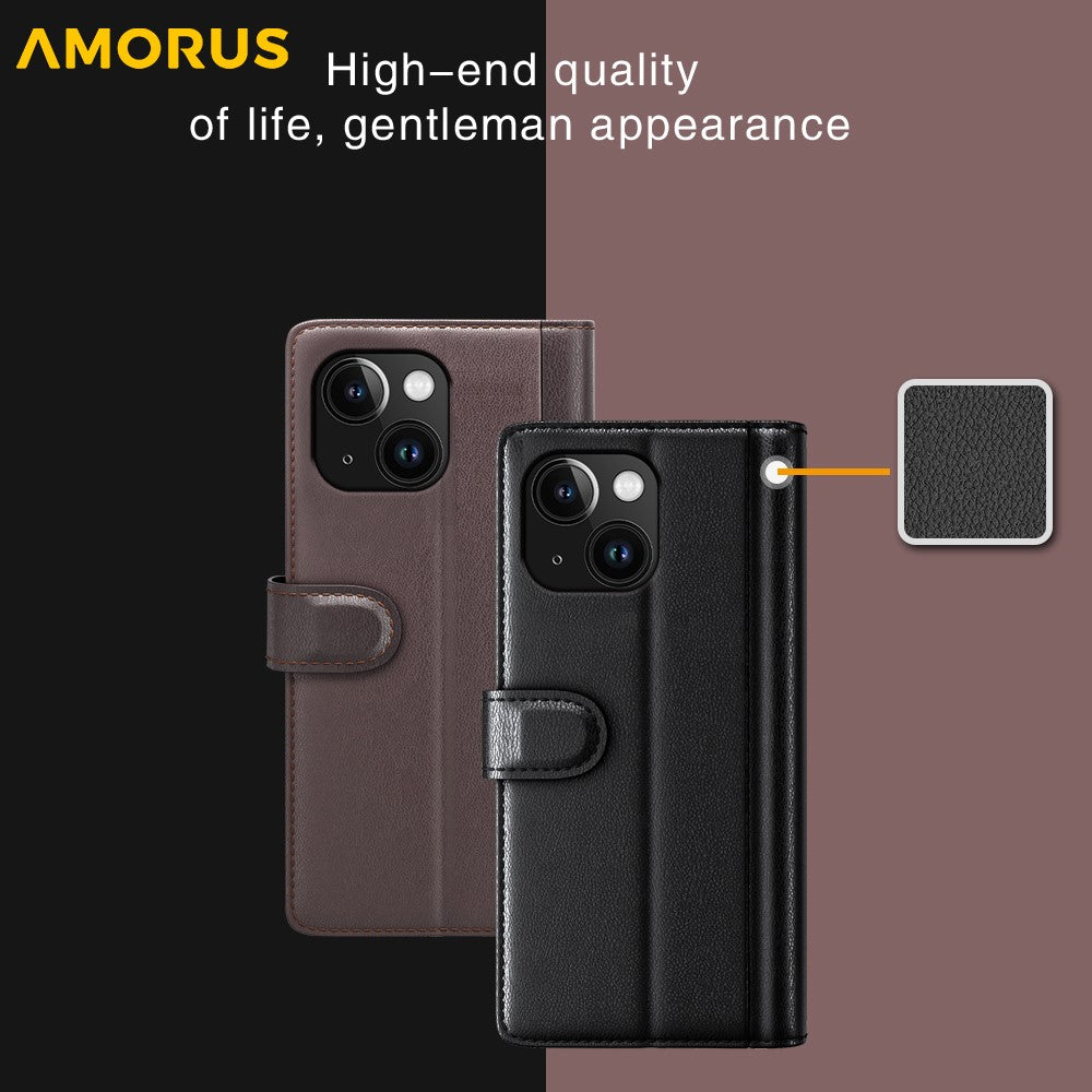 AMORUS For iPhone 15 Plus Stand Cases Calf Texture Genuine Split Leather Wallet Phone Cover