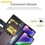 AMORUS For iPhone 15 Plus Stand Cases Calf Texture Genuine Split Leather Wallet Phone Cover