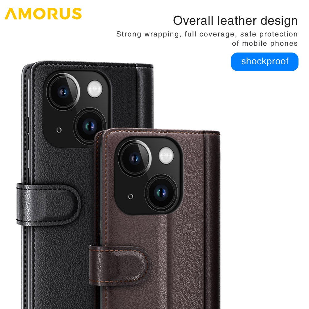 AMORUS For iPhone 15 Plus Stand Cases Calf Texture Genuine Split Leather Wallet Phone Cover