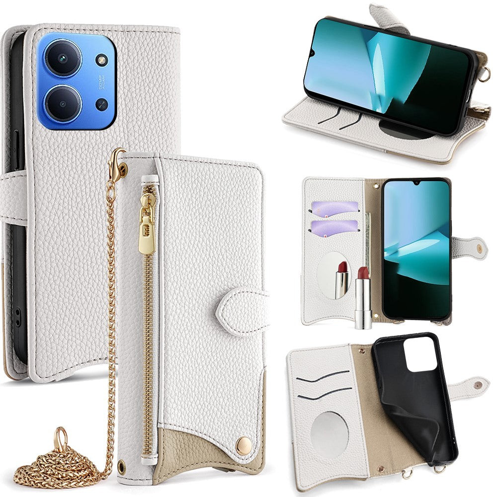 For Xiaomi Redmi 15C 4G (Global) (171mm) / Poco C85 4G (171mm) Leather Case Wallet Stand Cover Irregular Tail Style with Chain Strap