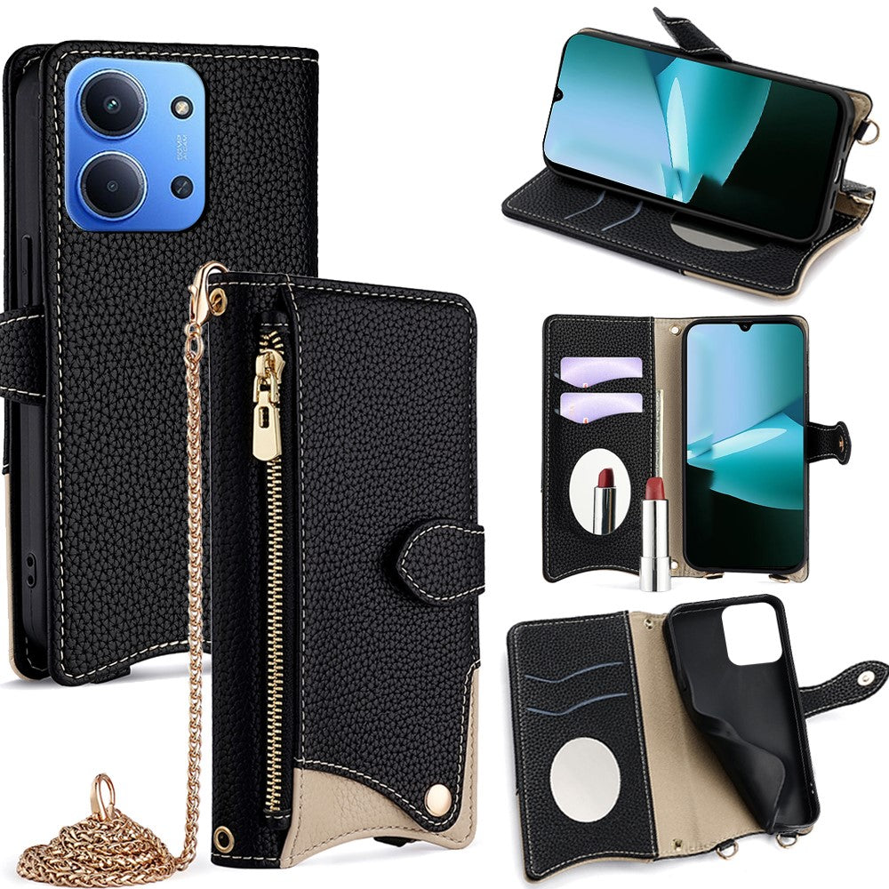 For Xiaomi Redmi 15C 4G (Global) (171mm) / Poco C85 4G (171mm) Leather Case Wallet Stand Cover Irregular Tail Style with Chain Strap