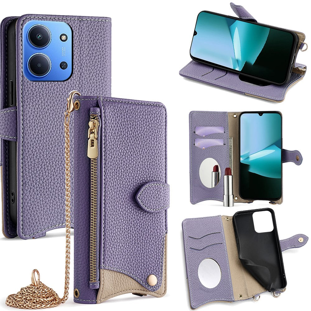 For Xiaomi Redmi 15C 4G (Global) (171mm) / Poco C85 4G (171mm) Leather Case Wallet Stand Cover Irregular Tail Style with Chain Strap