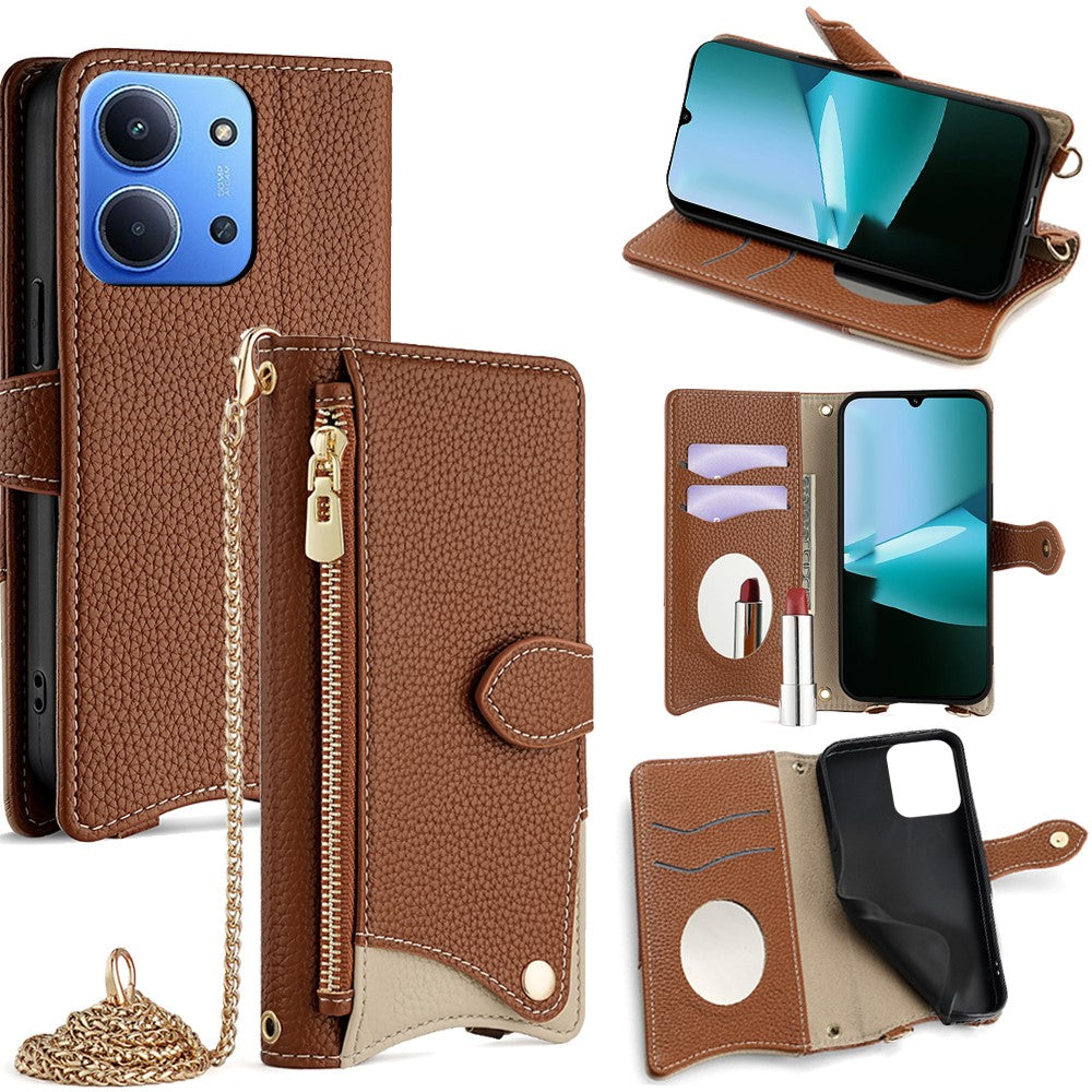For Xiaomi Redmi 15C 4G (Global) (171mm) / Poco C85 4G (171mm) Leather Case Wallet Stand Cover Irregular Tail Style with Chain Strap