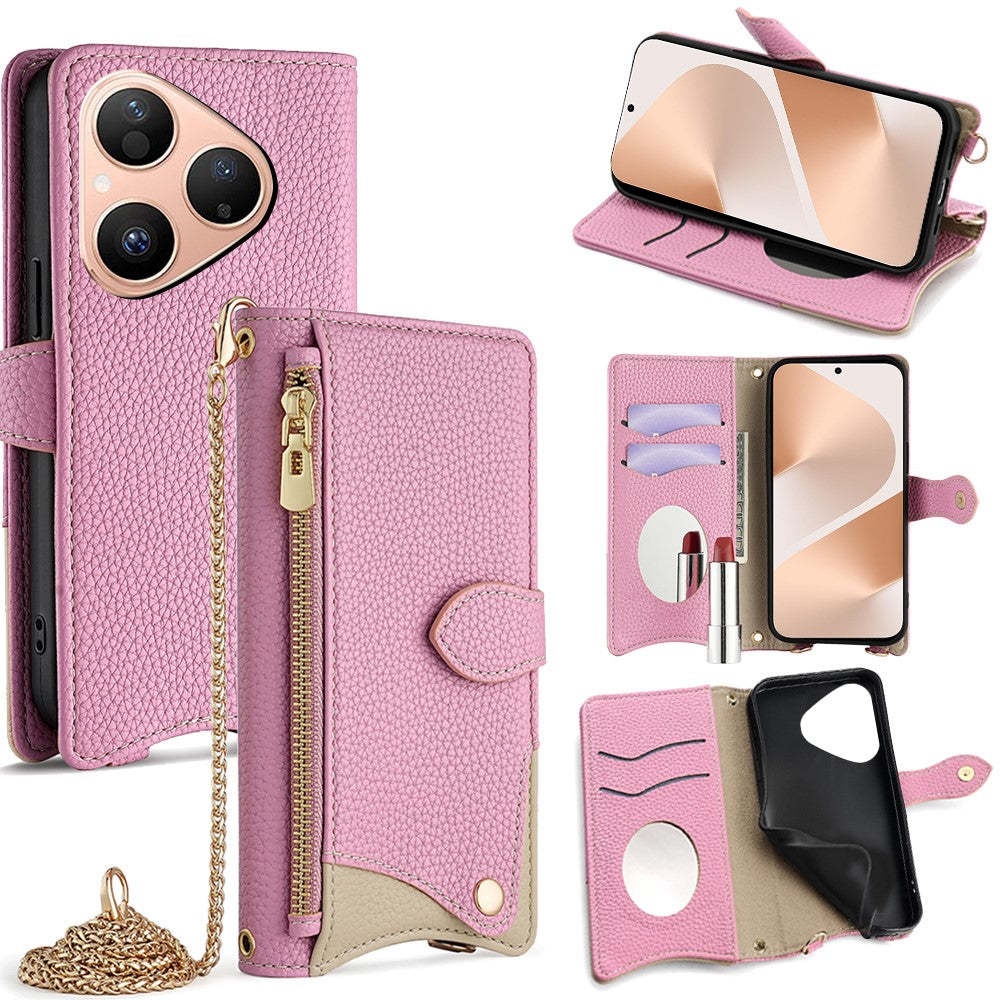 For Huawei Pura 80 Leather Case Wallet Stand Cover Irregular Tail Style with Chain Strap