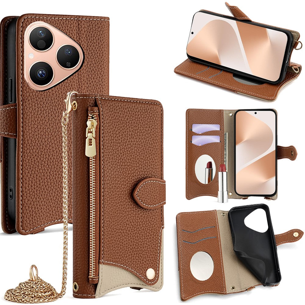 For Huawei Pura 80 Leather Case Wallet Stand Cover Irregular Tail Style with Chain Strap