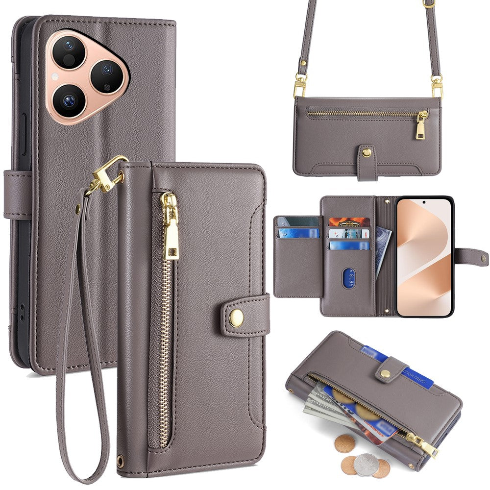 For Huawei Pura 80 Leather Case Zipper Pocket Wallet Phone Cover with 2 Straps