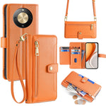 For Honor Magic8 Lite 5G / X9d 5G / X70 5G Leather Case Zipper Pocket Wallet Phone Cover with 2 Straps