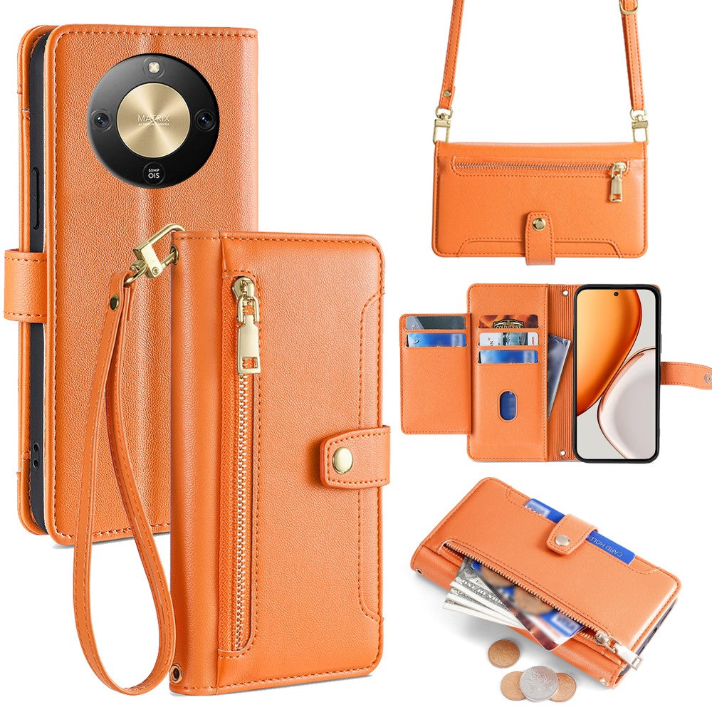For Honor Magic8 Lite 5G / X9d 5G / X70 5G Leather Case Zipper Pocket Wallet Phone Cover with 2 Straps