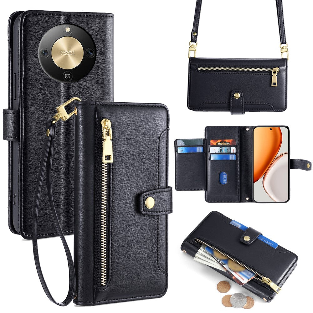 For Honor Magic8 Lite 5G / X9d 5G / X70 5G Leather Case Zipper Pocket Wallet Phone Cover with 2 Straps