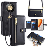 For Honor Magic8 Lite 5G / X9d 5G / X70 5G Leather Case Zipper Pocket Wallet Phone Cover with 2 Straps