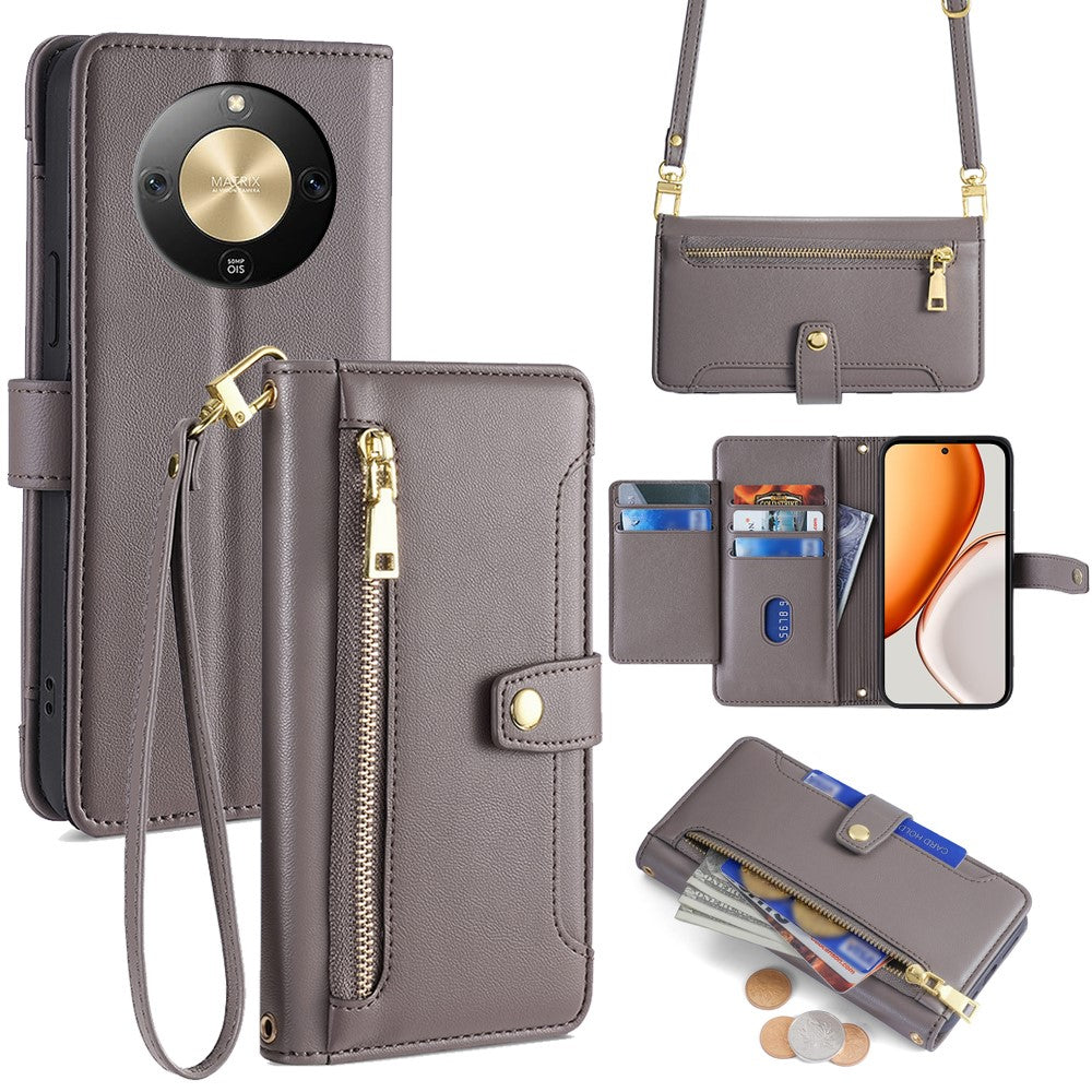 For Honor Magic8 Lite 5G / X9d 5G / X70 5G Leather Case Zipper Pocket Wallet Phone Cover with 2 Straps