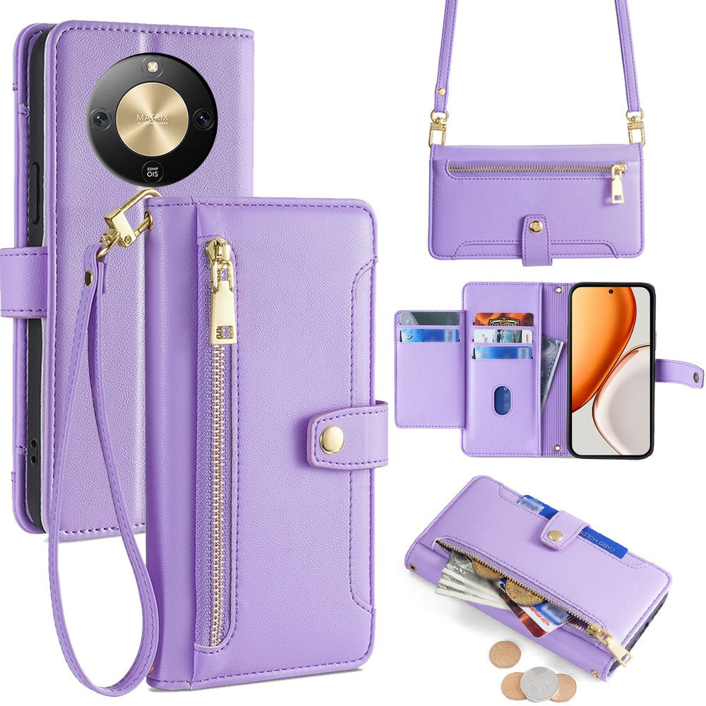 For Honor Magic8 Lite 5G / X9d 5G / X70 5G Leather Case Zipper Pocket Wallet Phone Cover with 2 Straps