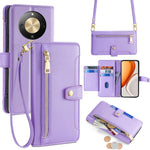 For Honor Magic8 Lite 5G / X9d 5G / X70 5G Leather Case Zipper Pocket Wallet Phone Cover with 2 Straps