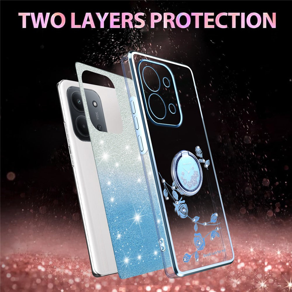 KADEM For Xiaomi Redmi 15C 4G (Global) (171mm) Case Ring Kickstand TPU Flowers Phone Cover Gradient Glitter
